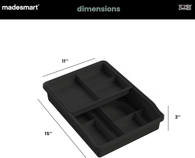 madesmart Classic Junk Drawer Organizer, Carbon | rounded corners, sliding top tray, removable upper level, 13 compartments, cords pens keys, woman owned