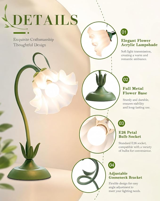 WERFOP Flower Table Lamp, LED Reading Light Vintage Bedside Table Lamp with 3 Color Modes for Nightstand, Kawaii Decoration for Home Bedroom Living Room (Green)