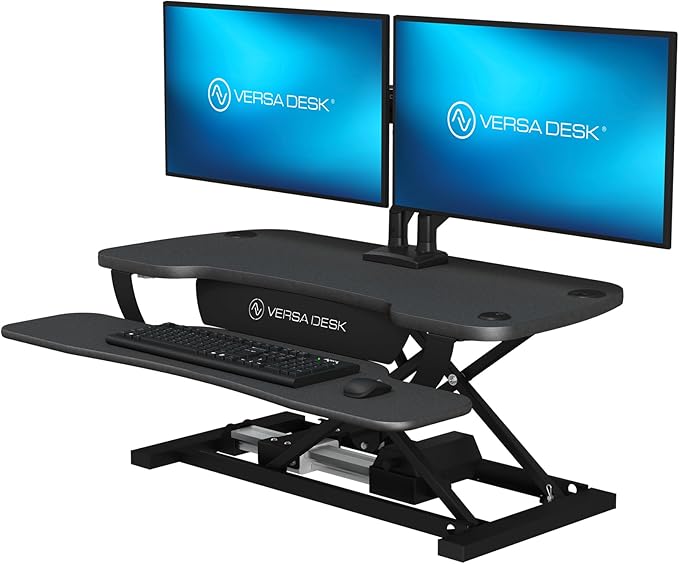 VERSADESK PowerPro 36 Inch Electric Standing Desk Converter – Push-Button Height Adjustable Sit to Stand Desk Riser for Dual Monitors & Laptop – Motorized Desktop Workstation with Wide Keyboard Tray