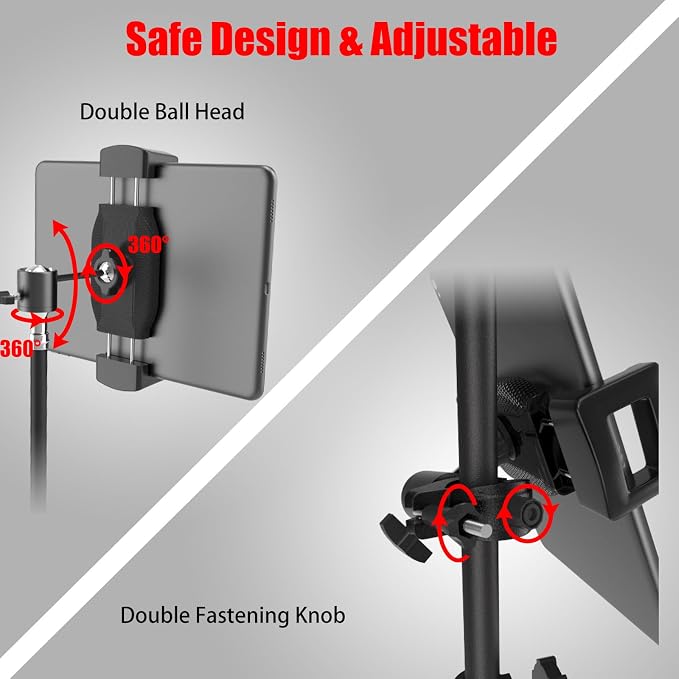 Kereal Tablet Holder for Mic Stand with 360° Ball Head and 3/8 to 1/4 Adapter, Microphone Stand Music Stand Tablet Phone Holder for Tripod, Fit for All 4.7 to 12.9 iPhone, Ipad, Andriod Smartphone