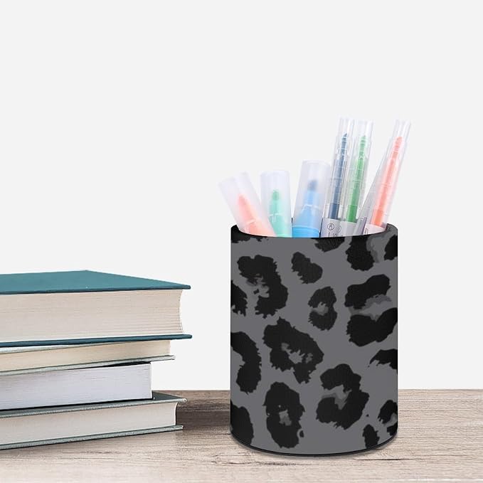 Leopard Print Pen Holder for Desk PU Pencil Cup Organizer | Round Desks Makeup Brush Holder for School Multifunctional Office Supplies