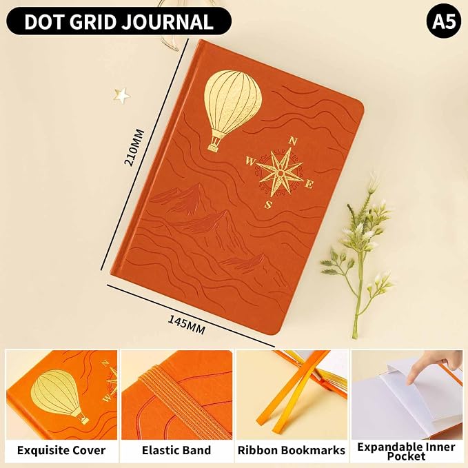 Dot Grid Journal with 160GSM Thick Paper, 192 Pages, A5 Dotted Notebook for Work, School, Travel | 180° Lay Flat, Foil Stamped Cover, Elastic Band, 2 Bookmarks & Inner Pocket (Orange)