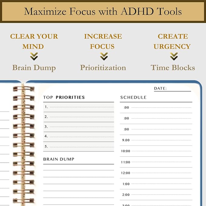 Undated Daily Planner - Time Blocking Planner & ADHD Planner. To Do List, Hourly Schedule, Daily and Monthly Agenda. Time Management & Productivity Planner. Spiral Hardcover Notebook. A4.