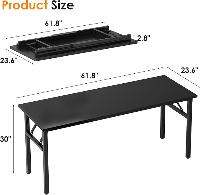 SogesHome 62 Inches Foldable Desk for Home Office, Large Compact Computer Table with Adjustable Leg Pads, No Assembly Needed Folding Writing Conference Desk Gaming Table for Small Spaces, Black