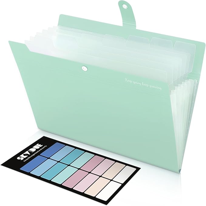 SKYDUE Accordion File Organizer, Expanding File Folder with 8 Pockets, Expandable Document Paper Receipt Organizer, Letter/A4 Size Filing Folder School Office Supplies Turquoise Green