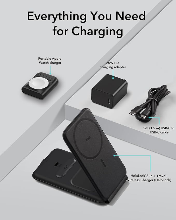 ESR 3 in 1 Charger for Magsafe, Travel Charger Stand for Magsafe, Made for Apple Watch Certified, Foldable Charging Station Compatible with iPhone 17/16/15/14/13/12, AirPods Pro, Black