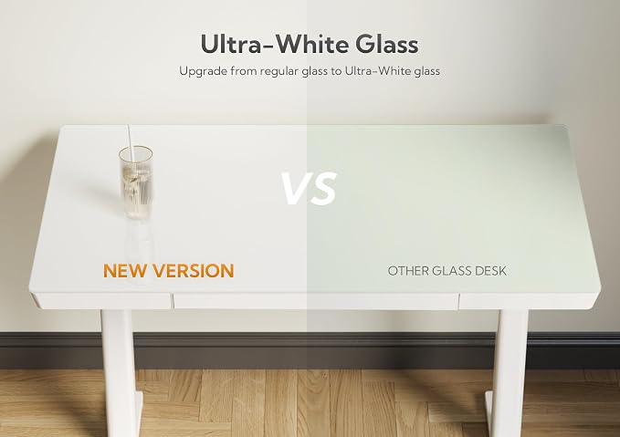 Claiks Glass Standing Desk with Drawers & USB Ports 48x24 Inch, White | 3 Steps Quick Install, 2 Zones Drawer, USB Ports, Ultra White One-Piece Glass Top, Writable Top