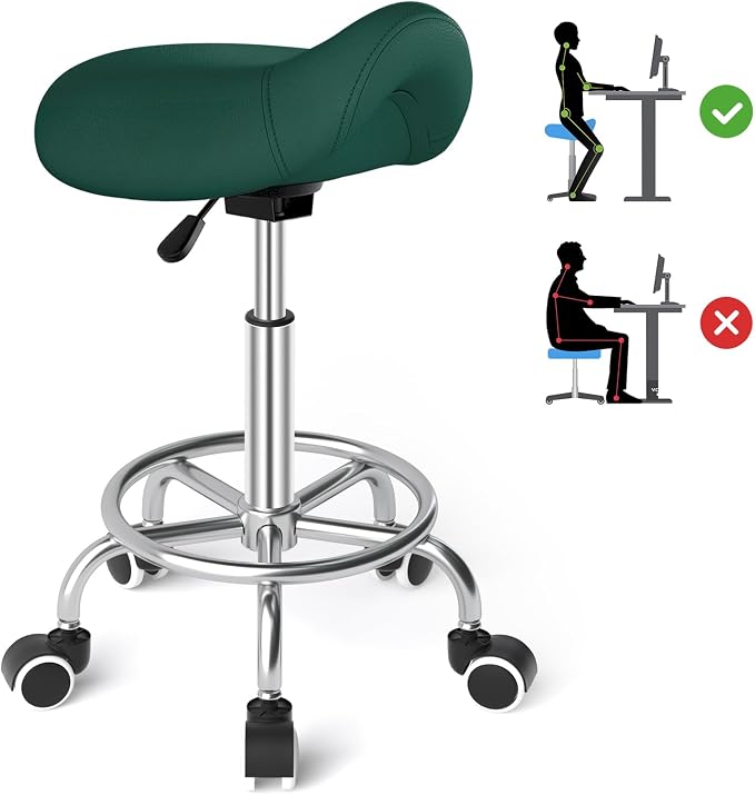 YEEZEE Saddle Stool Ergonomic, Saddle Chair with Wheels, Green | Comfortable Wide Thick Saddle Seat Padding, 360°Swivel, Adjustable Height, Ring Pedal Design, for Medical Massage Salon Spa