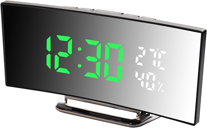 Digital Alarm Clock, LED Alarm Clock with Large Curved Screen, 3 Levels Brightness, 2 Alarms, Snooze, Bedside Clock with Temperature and Humidity Display, USB Power Supply (G&W)