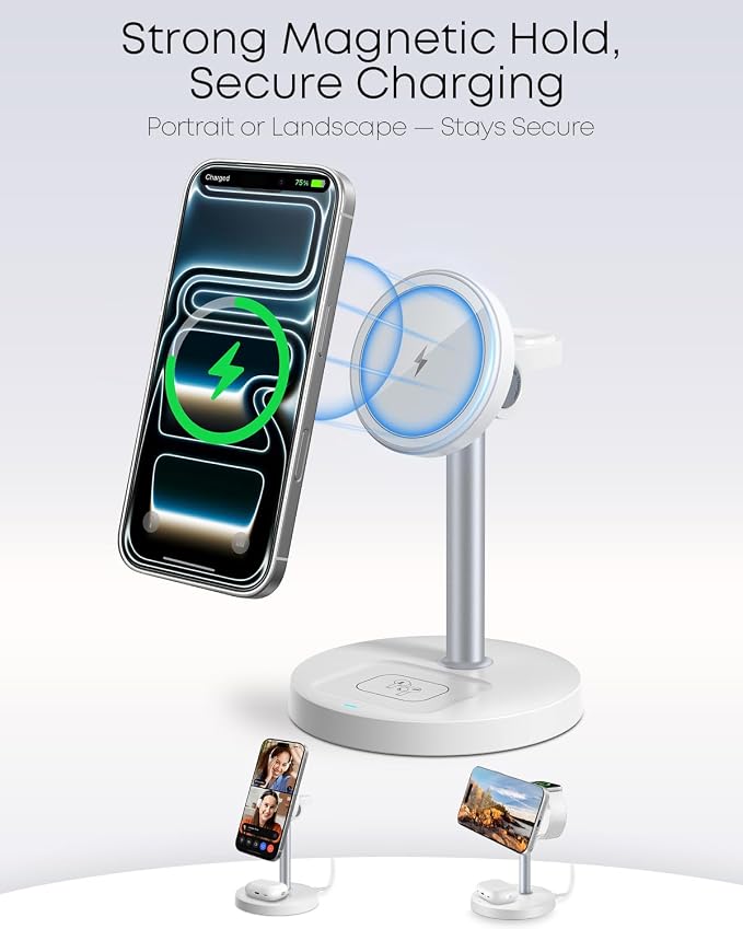 3 in 1 Magnetic Wireless Charging Station, 15W Charger for iPhone, White | Compatible with iPhone 12-17 Series, Apple Watch & AirPods, Charges 3 Devices Together, 18W Adapter Included, 3-Year Warranty