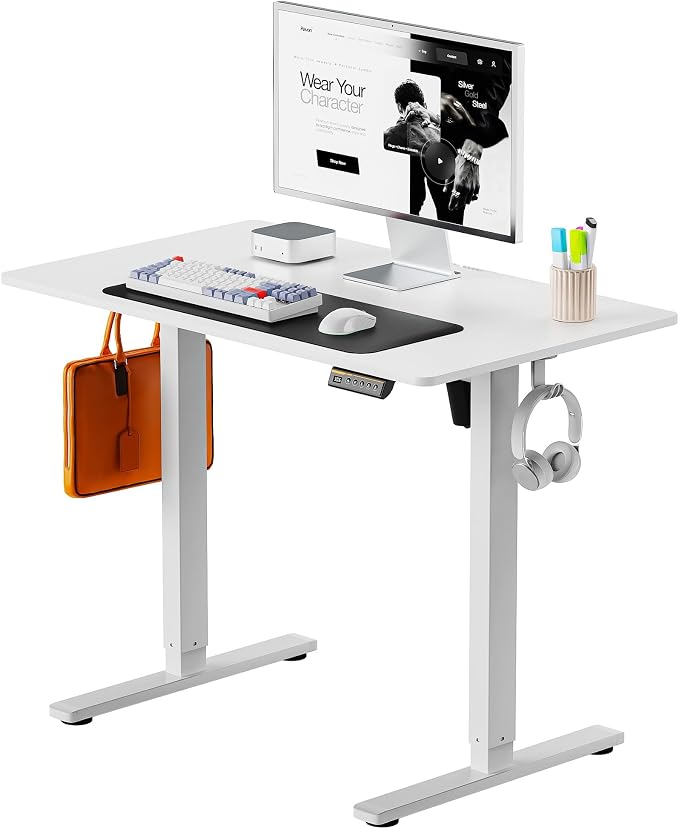 40 x 24 Inch Height Adjustable Standing Desk, 3 Presets, White | 40 x 24 in Desktop, 28.3–46.5 in Height, 2+3 Controls, ≤45 dB, 154 lb Capacity, 2 Hooks