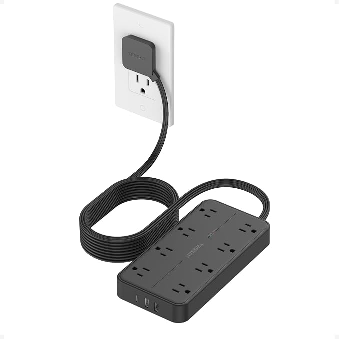 TESSAN Power Strip Surge Protector, 15FT Flat Plug Extension Cord with 8 Outlets 3 USB Charger(1 USB C), 1080 Joules Protection, Wall Mountable Charging Station for Home Office Dorm, Black
