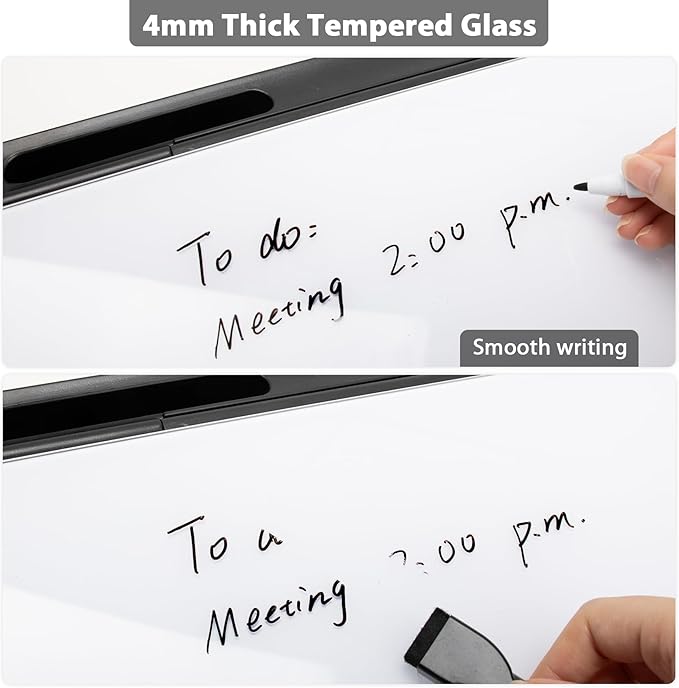 Varhomax Small Glass Desk Whiteboard, Dry Erase Desktop White Board with Storage Caddy to-do List Desk Buddy Memo Notepad for Office, School and Home Office Accessories Supplies (Black & White)
