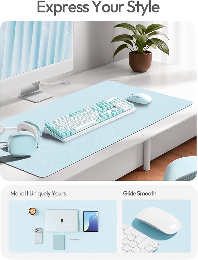 YSAGi Leather Desk Protector, Office Mat, Large Mouse Mat, Non-Slip PU Leather Blotter, Laptop Desk Pad, Waterproof Writing Pad for Office and Home (Baby Blue, 31.5" x 15.8")