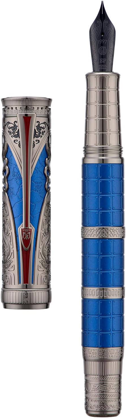 Hongdian D5X Fountain Pen Blue Color Extra Fine Nib, Qin Dynasty Retro Chinese Totem Engraving Smooth Writing Pen with Converter and Pen Box Set