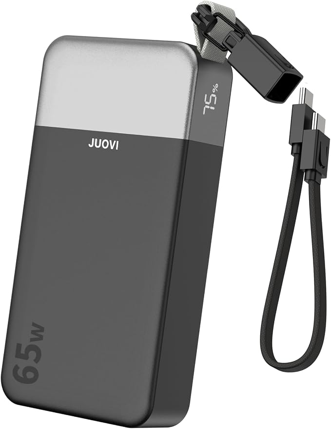 JUOVI Portable Charger, 65W Laptop Power Bank Fast Charging with Attached USB C Cable, 20000mAh Battery Pack Charger Portable, Powerbank for Laptop, for MacBook iPhone 17 16 Pro Samsung S26 and More