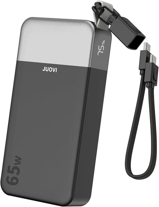JUOVI Portable Charger, 65W Laptop Power Bank Fast Charging with Attached USB C Cable, 20000mAh Battery Pack Charger Portable, Powerbank for Laptop, for MacBook iPhone 17 16 Pro Samsung S26 and More
