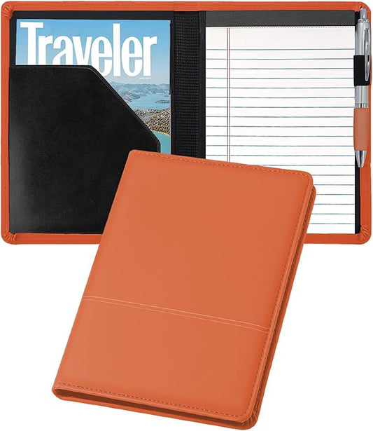 Classic Padfolio/Junior Portfolio Folder Case, Business A5 Binder Organizer Notepad for Men Women, 5 x 8 Writing Pad Included, Orange