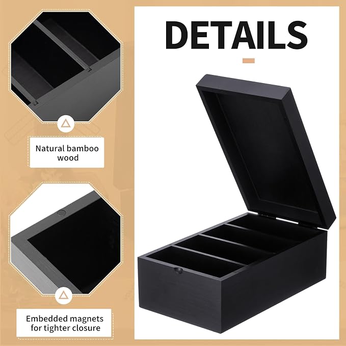 3 x 5 Inch Index Card Holder Set, Bamboo Organizer Box with 50 Dividers & 2 Sheets Alphabet Number Stickers File Note Holders, Holds 1200 Cards for Office Business Home Kitchen, Black