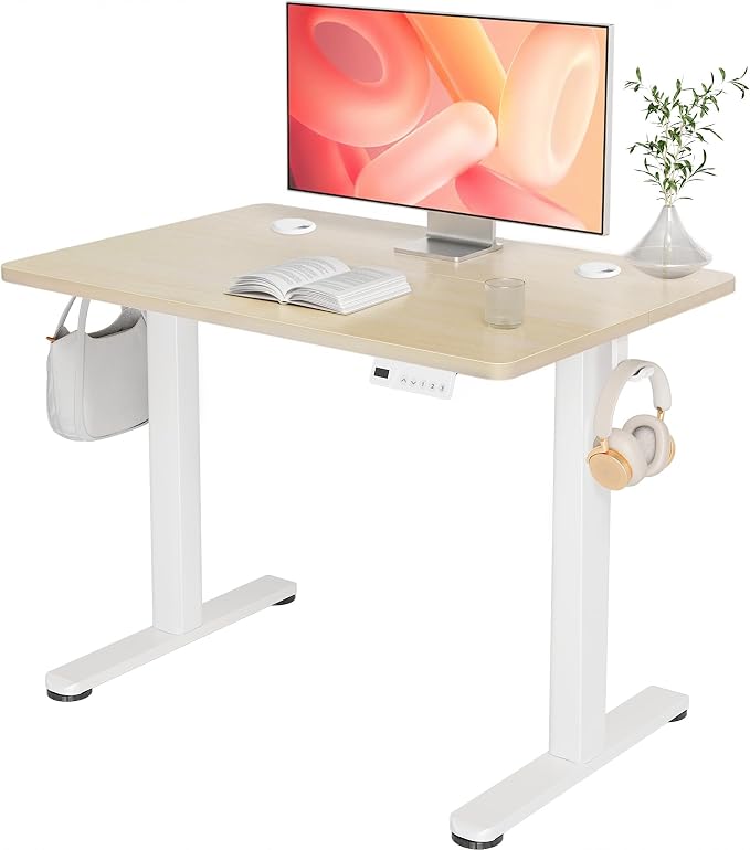 YDN Electric Standing Desk Adjustable Height, 35 x 20 Inches Stand up Desk with Cable Management, Home Office Desks with Splice Board & White Frame, Nature Top