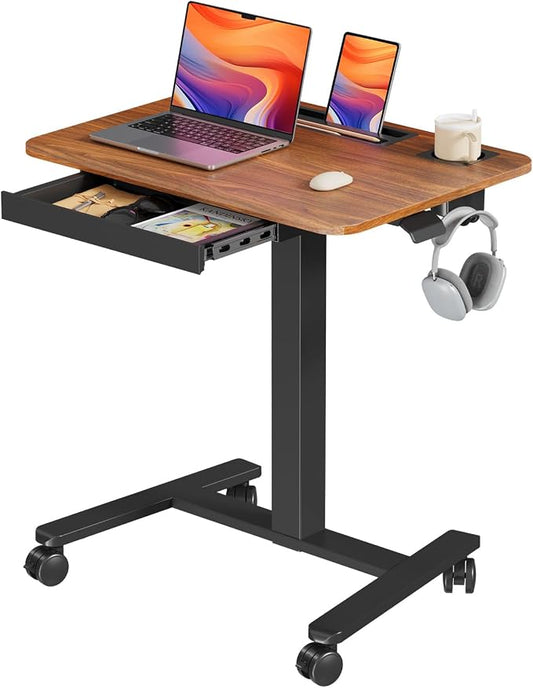 28" Mobile Standing Desk with Drawer, Portable Laptop Desk | Rolling Desk with Cup Holder and Hooks, Height Adjustable Computer Cart with Storage, Lockable & Hidden Wheels, Dark Wood