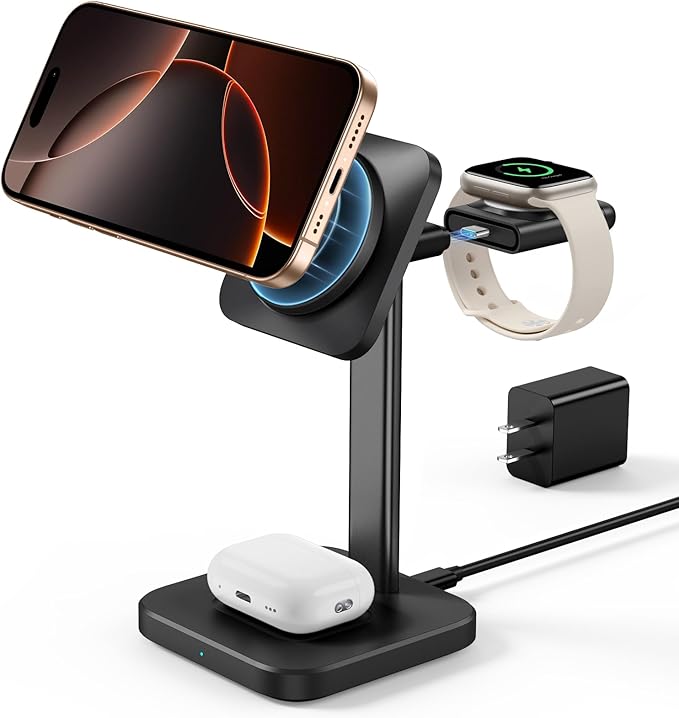 ESR 3 in 1 Wireless Charging Station for Apple[Certified] Portable Apple Watch Charger & MagSafe Charger Stand, Wireless Charger for Multiple Devices iPhone 17e/17/16/15/14/13/12&Watch&AirPods, Black