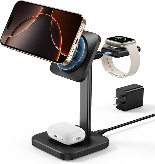 ESR 3 in 1 Wireless Charging Station for Apple[Certified] Portable Apple Watch Charger & MagSafe Charger Stand, Wireless Charger for Multiple Devices iPhone 17e/17/16/15/14/13/12&Watch&AirPods, Black