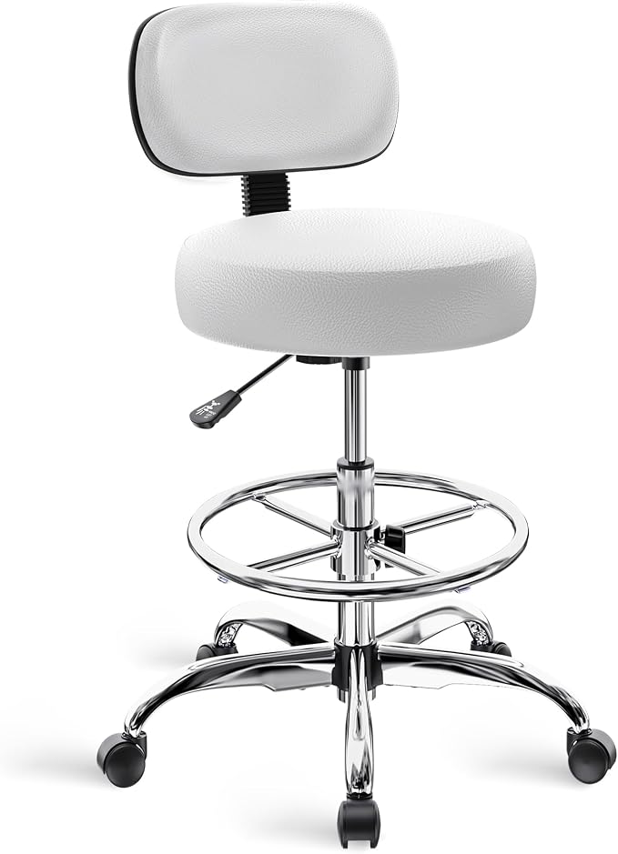 SUPERJARE Drafting Chair with Back, Adjustable Foot Rest Rolling Stool, Multi-Purpose Office Desk Chair, Thick Seat Cushion for Home Bar Kitchen Shop - White