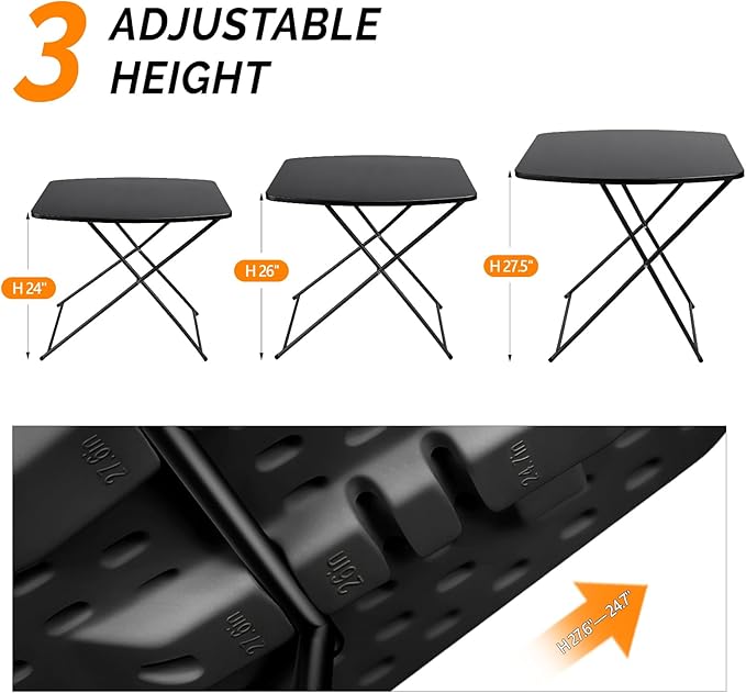VINGLI Small Folding Table Portable, 18" Adjustable Height Personal Laptop TV Tray, Camping Table, HDPE Plastic Top with Steel Frame,Black