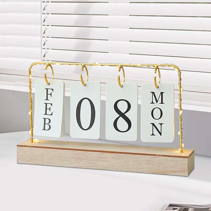 AUSTUFF Flip Wooden Perpetual Calendar Metal Desk Calendar | Standing Office Home Desk Decor