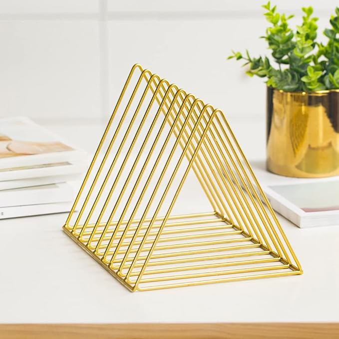 Sooyee 2 Pack 9 Slot Gold Magazine Holder, Desktop File Sorter Organizer Triangle Bookshelf Decor for Home Office, Iron Wire