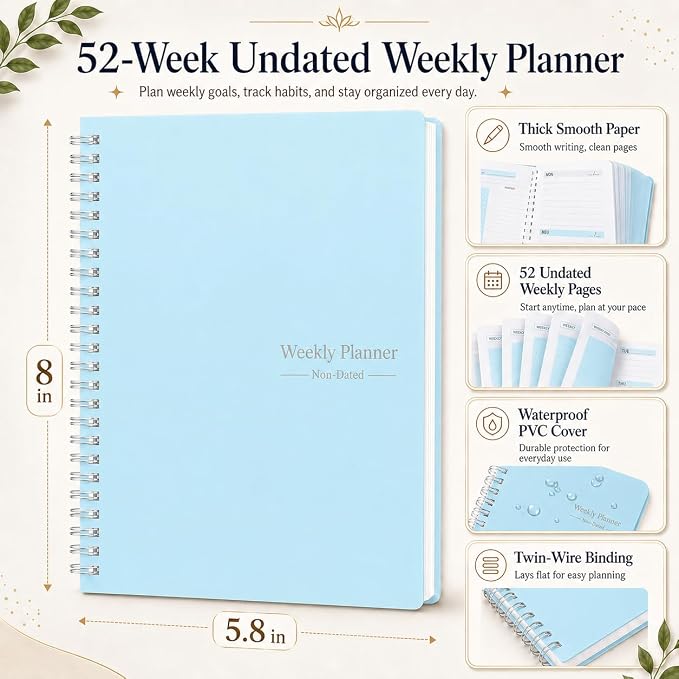 TREES Undated Weekly Planner, Weekly To Do List Notebook with Goal & Habit Tracker Organizer, A5 5.7"" x 8.0"" Weekly Planner Notebook with Spiral Binding for Men or Women, Blue