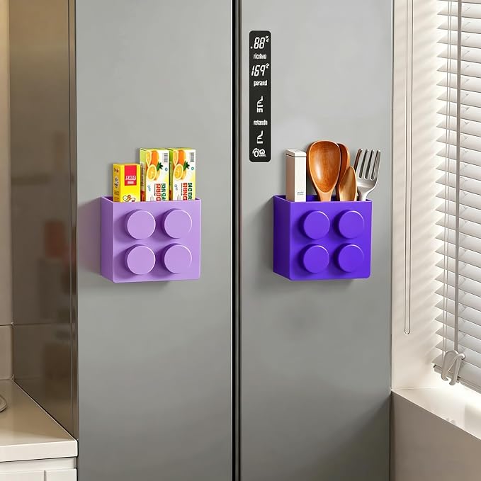 Magnetic Basket Organizer for Fridge - Lego-Style ABS Plastic Storage Box,No Drill Design for Kitchen Counter, Microwave & Whiteboard, Holds Up to 3.5 lbs (deep purple)
