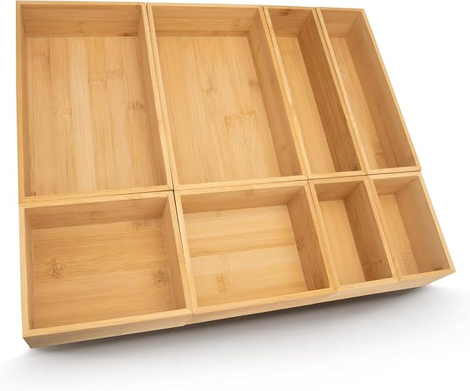 LEIMO KPARTS 8 Pcs Bamboo drawer Organizer Storage Box, Bin Set - Multi-Use bamboo Drawer Organizer Storage boxes for Kitchen Utensils, Bathroom, Office Desk, Makeup(8 Boxes)