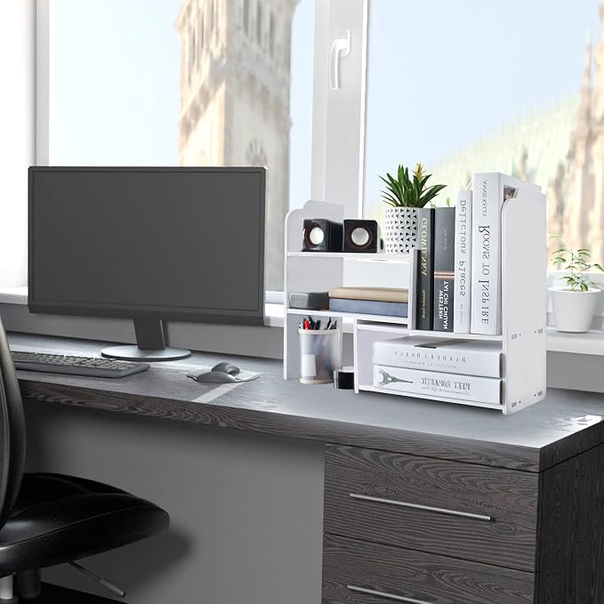 YGYQZ Adjustable Desktop Shelf Organizer, 3-Tier Expandable Desk Shelf, White