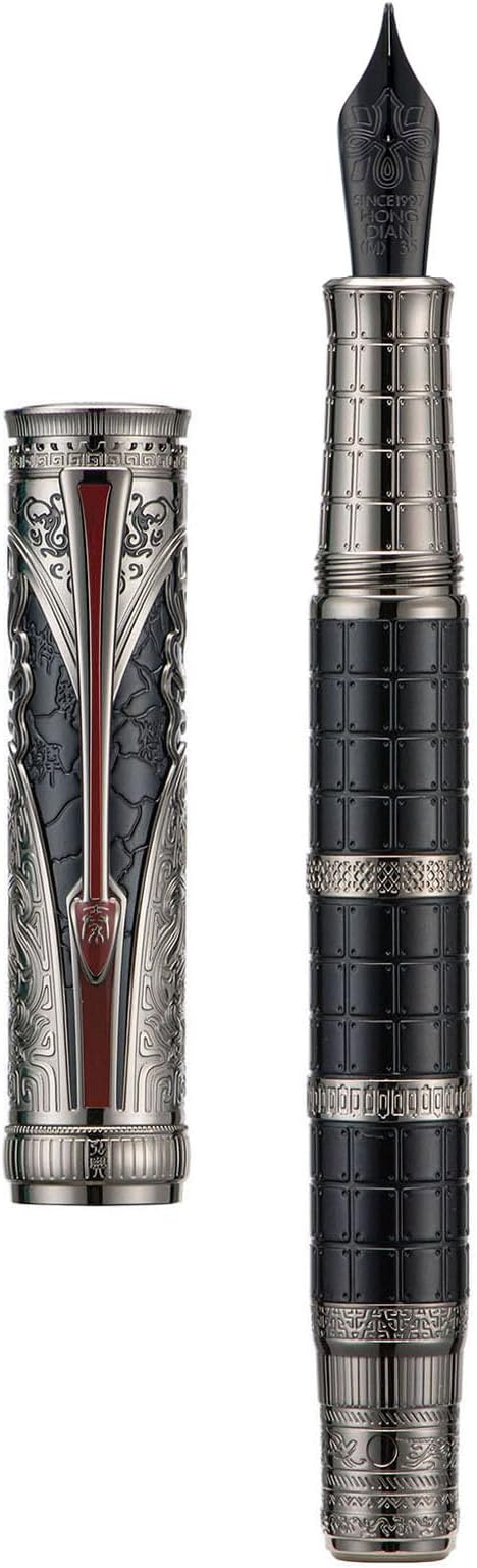 Hongdian D5X Fountain Pen Black Color Medium Nib, Qin Dynasty Retro Chinese Totem Engraving Smooth Writing Pen with Converter and Pen Box Set
