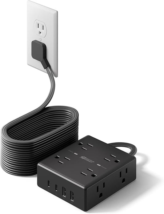 20Ft Long Extension Cord, Flat Plug Power Strip Surge Protector, 8 Outlet 4 USB Ports (2 USB C), Wall Mountable, Desk Charging Station for Home Office, College Dorm Room Essentials (Black)