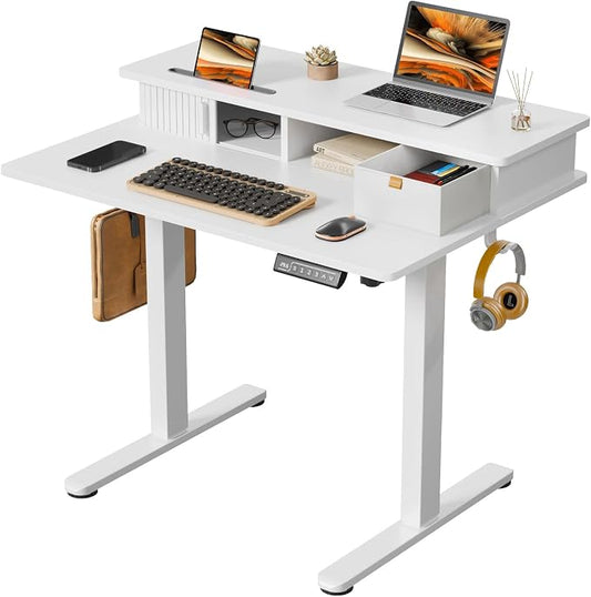 JOY worker 35" Small Electric Standing Desk with Monitor Stand & Storage | White 35" x 25" Height Adjustable Desk for Tight Space, Shutter Door & Drawer, Sit Stand Table with 2 Hooks for Home Office