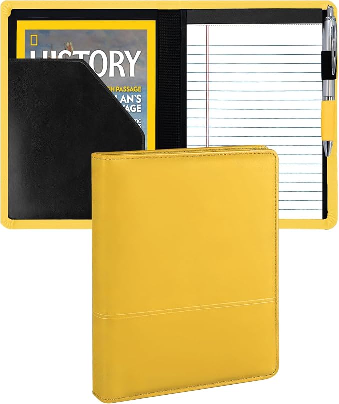 Classic Padfolio/Junior Portfolio Folder Case, Business A5 Binder Organizer Notepad for Men Women, 5 x 8 Writing Pad Included, Yellow