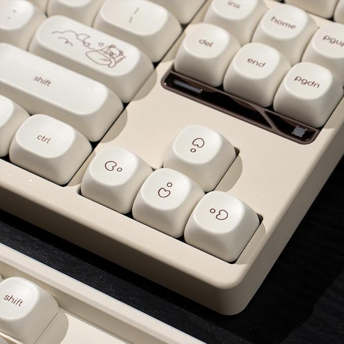 MOA Profile Cute Bear Keycaps, 124keys PBT Keycaps Set, Minimalist White Keyboard Key Caps, Custom Dye Sublimation Keycap for 61/64/68/84/87/100/104/108 Cherry MX Mechanical Keyboards(124 Keys)