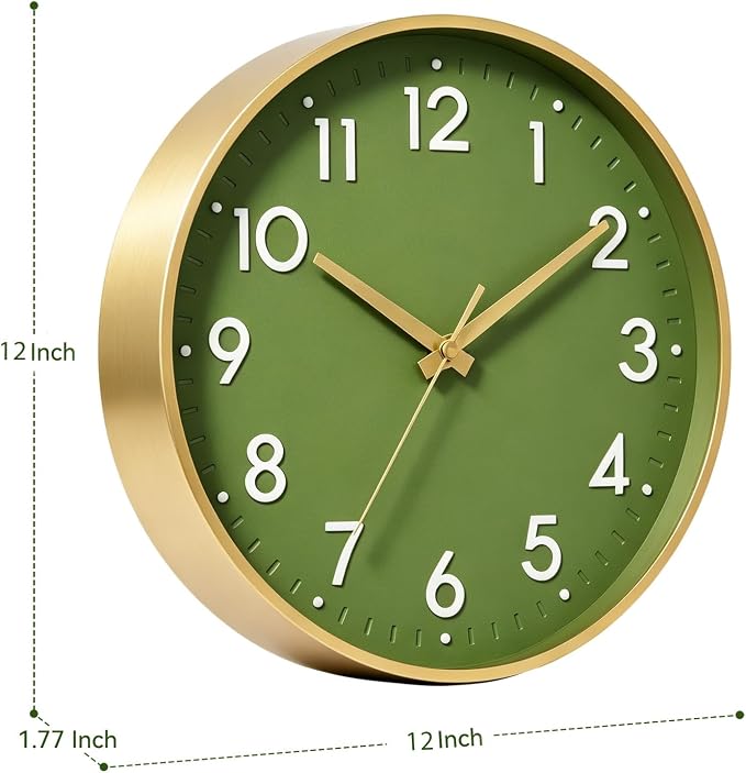 Mosewa 12 Inch Wall Clock Battery Operated Silent Non Ticking Analog | Olive green & gold modern clock; oversized 3D easy-read dial for kitchen, bedroom & office; 1 AA battery (not included)