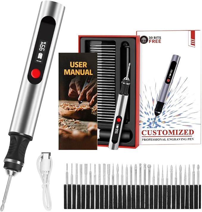 Engraving Pen, Ultimate Cordless Engraving Pen for Artists & DIYers - Engrave 60+ Surfaces - Beginner Friendly- 30 Bits & Mastery Guide (Grey)