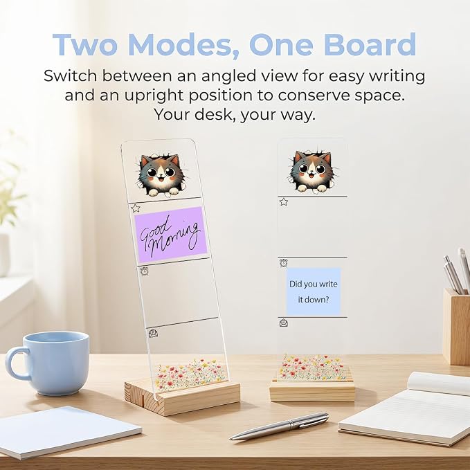 Sticky Note Holder, Monitor Memo Board, Acrylic Post It Note Holder with Wooden Base, Includes 200 Notes, Desk Organizer for Office, Cute Cat Design