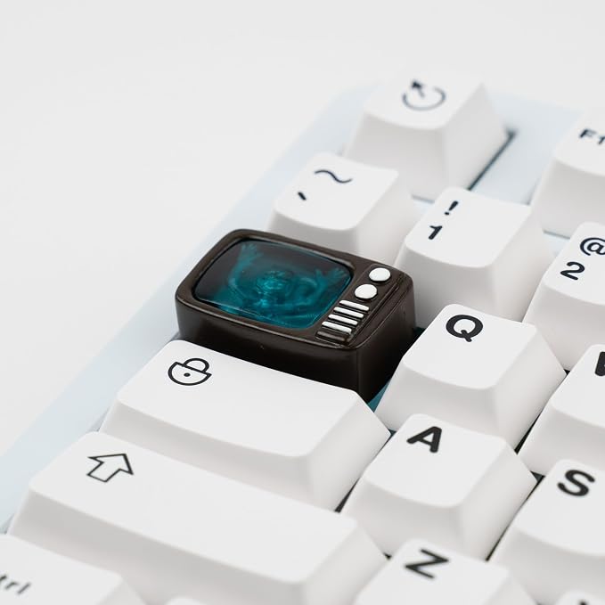 Retro TV Artisan Keycap, Transparent Turquoise Resin, 1.5U Size, Hand-Painted 3D Printed Design, Compatible with MX Switches, for Tab and Backslash Keys