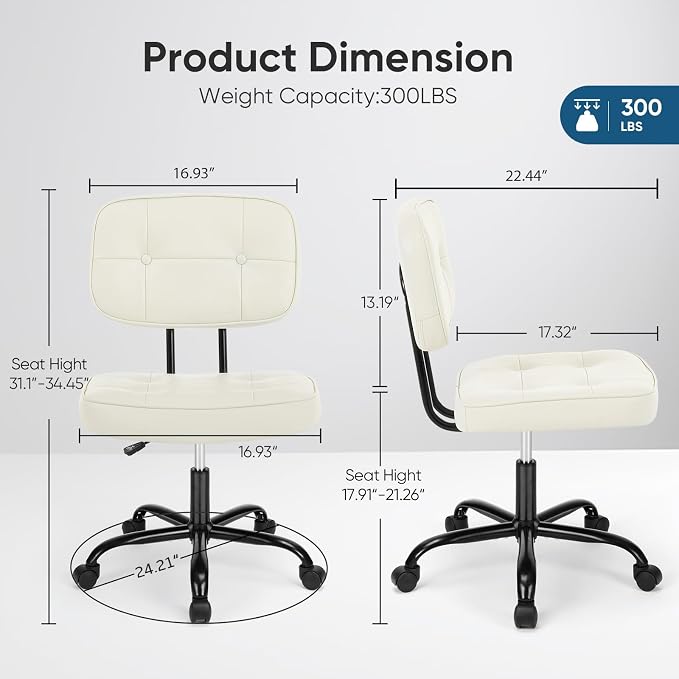 DUMOS Armless Office Desk Chair, Small Vanity Chair with Lumbar Support | PU Leather, 360° Rolling Swivel, Height Adjustable, Fit Computer Task, Bedroom Living Room, Beige