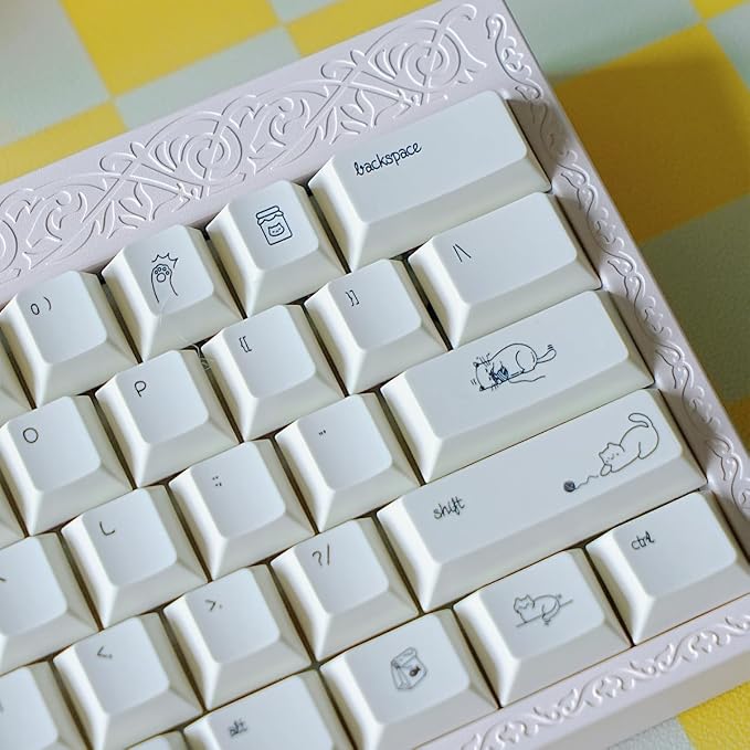 PBT Cat Keycaps, White Minimalist Keycap, 163 Keys Cherry Profile Keyboard Keycaps Set, Cute Cat Dye-Sublimation Custom Key Caps for Cherry MX Switches Mechanical Gaming Keyboard