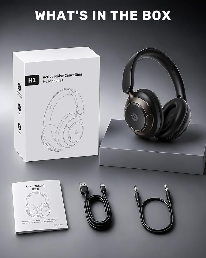 Boean Active Noise Cancelling Headphones, Bluetooth 6.0 Wireless Over Ear Headphones with 120H Playtime, 360° Spatial Audio & 5 ENC Mics, Soft Memory Foam, Transparency Mode for Office Travel Gaming