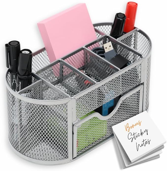 Pen Holder Desk Organizer – 9-Compartment Pencil Holder Desk Organizer with Drawer Tray – Desktop Organizer for Office Supplies and Stationery – Pen Holder for Home, Office, School - Silver
