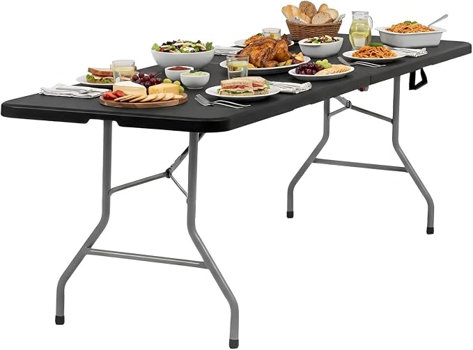 FDW 6FT Plastic Folding Table, Portable with Carrying Handle Perfect for Indoor, Outdoor, Party, Dining, Wedding, Events, Camping, Black