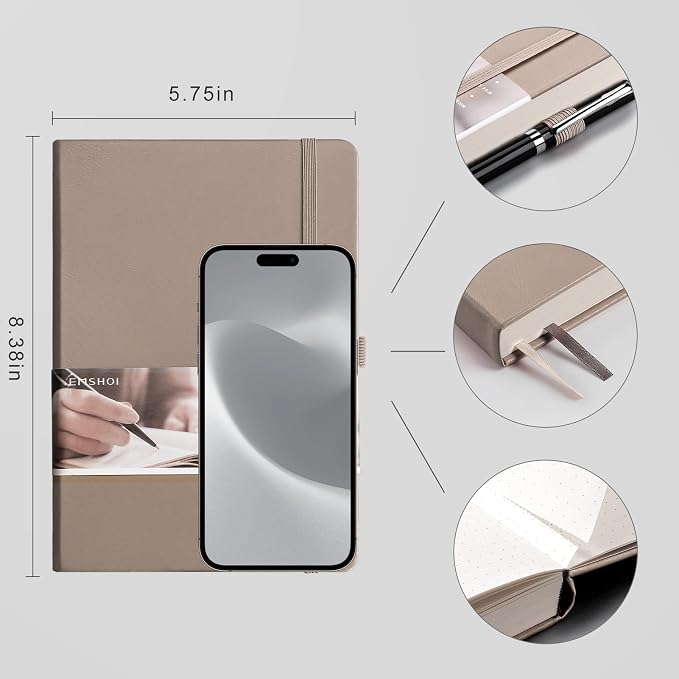 EMSHOI Dotted Journal Notebook, 256 Pages, 120 GSM Thick Paper, A5 Small 5.75"x8.38", PU Leather Hardcover, 5mm Dot Grid Notebook for Journaling, Planning, Drawing, Writing, Khaki